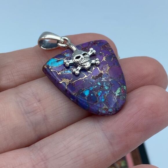 Skull Copper Purple Turquoise Sterling Silver Pendant - Picture 7 of 7